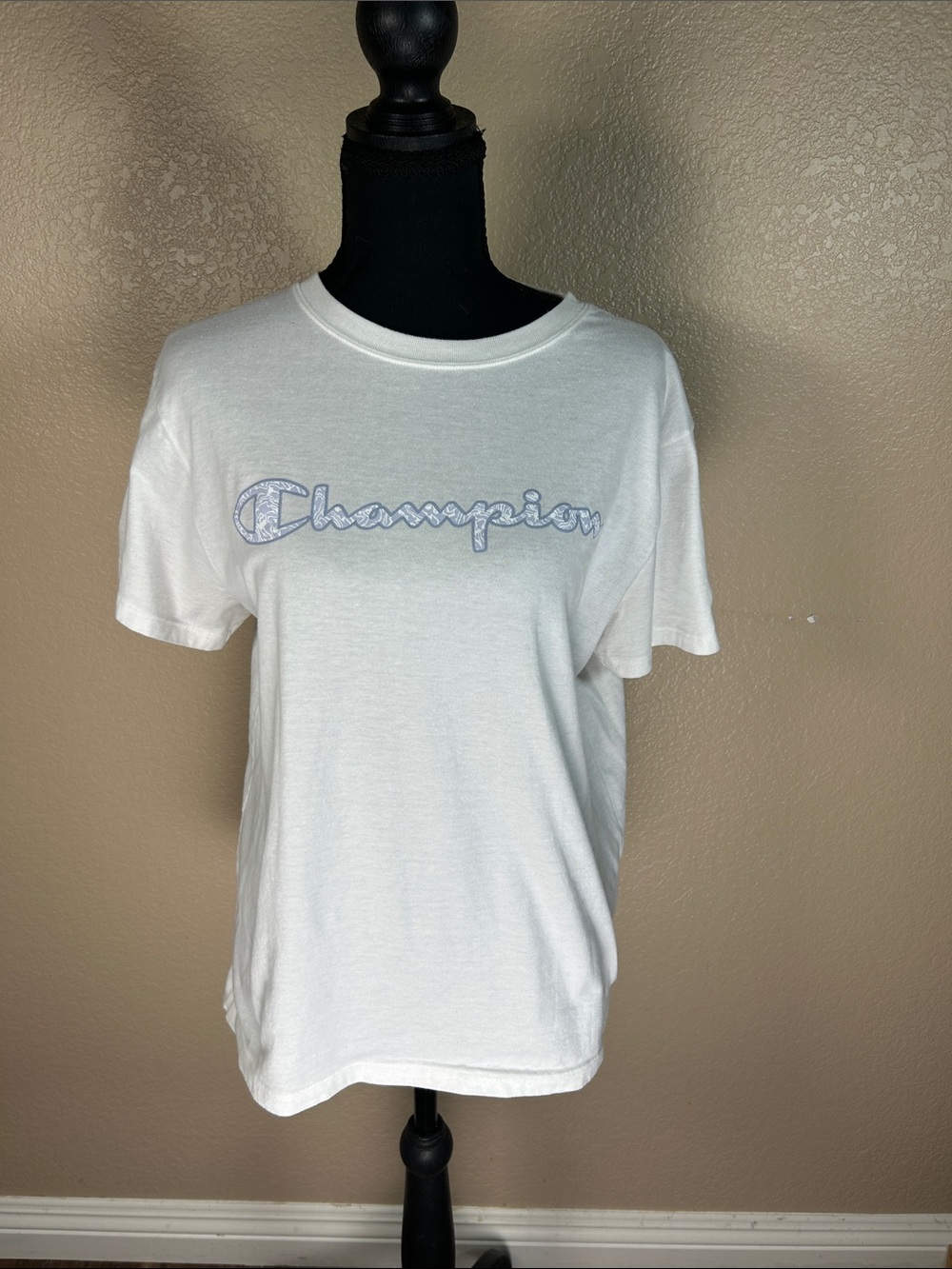 Champion White Tee Baby Blue Script Logo Pocket T-Shirt Size Large